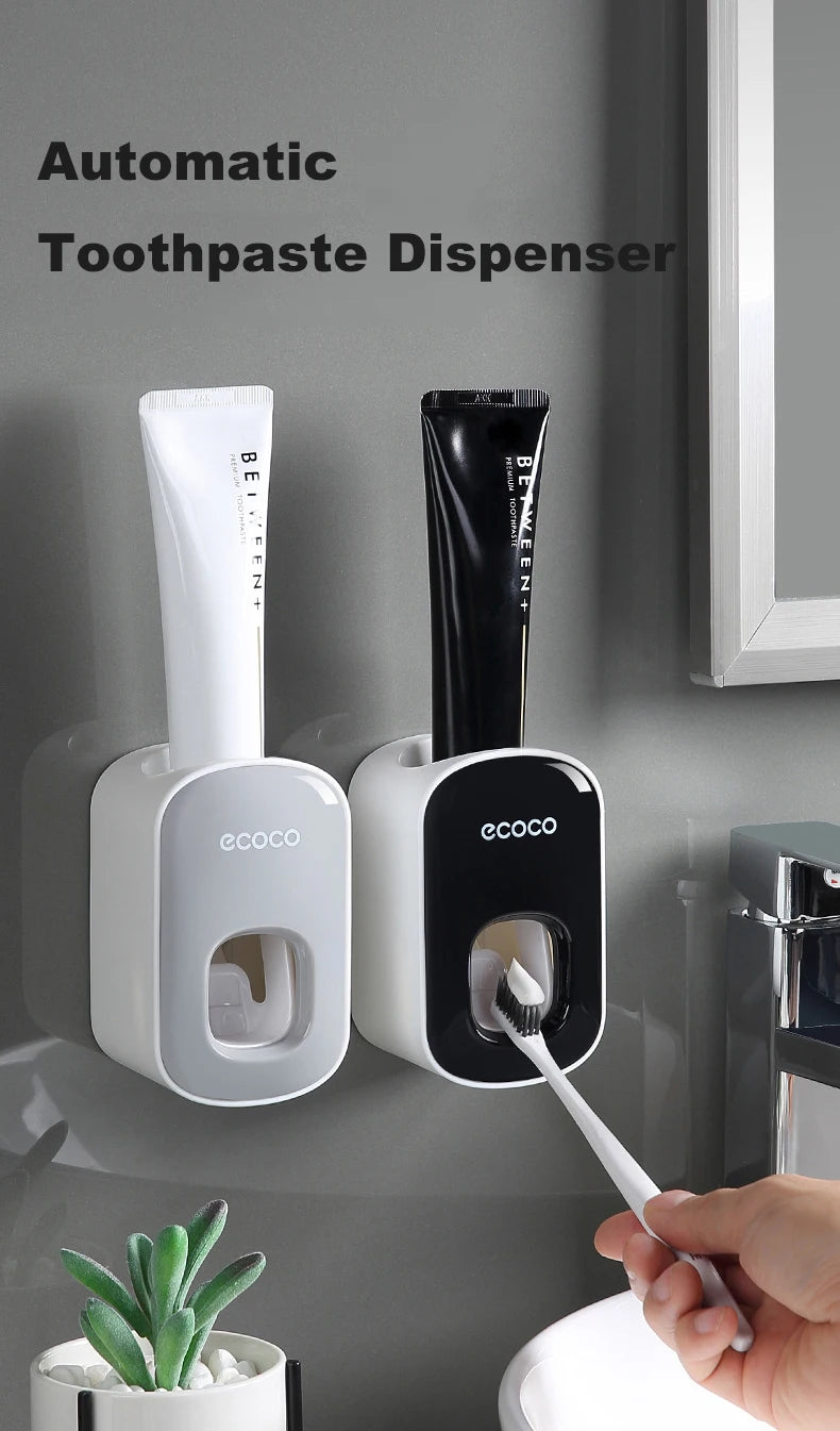 WIKHOSTAR Automatic Toothpaste Dispenser Bathroom Accessories Set Wall Mounted Toothpaste Squeezer Toothpaste Holder Rack