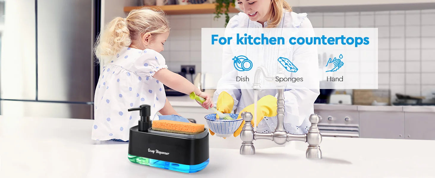 Dual Pump Soap Dispenser Set 3-in-1 Kitchen Organizer with Sponge Storage Box for Sink and Countertop Compact Cleaning Solution