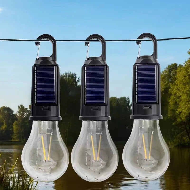 Solar Rechargeable Hooked Camping Lantern Waterproof Hanging Tent Light Bulbs with 3 Modes, Portable For Outdoor Hiking, Fishing