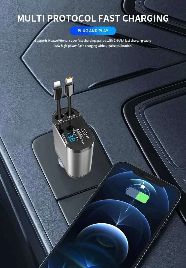 4 in 1 120W Car Charger Retractable Car Cigarette Lighter Adapter USB Type C Fast Charger Cable For IPhone Xiaomi Huawei Samsung