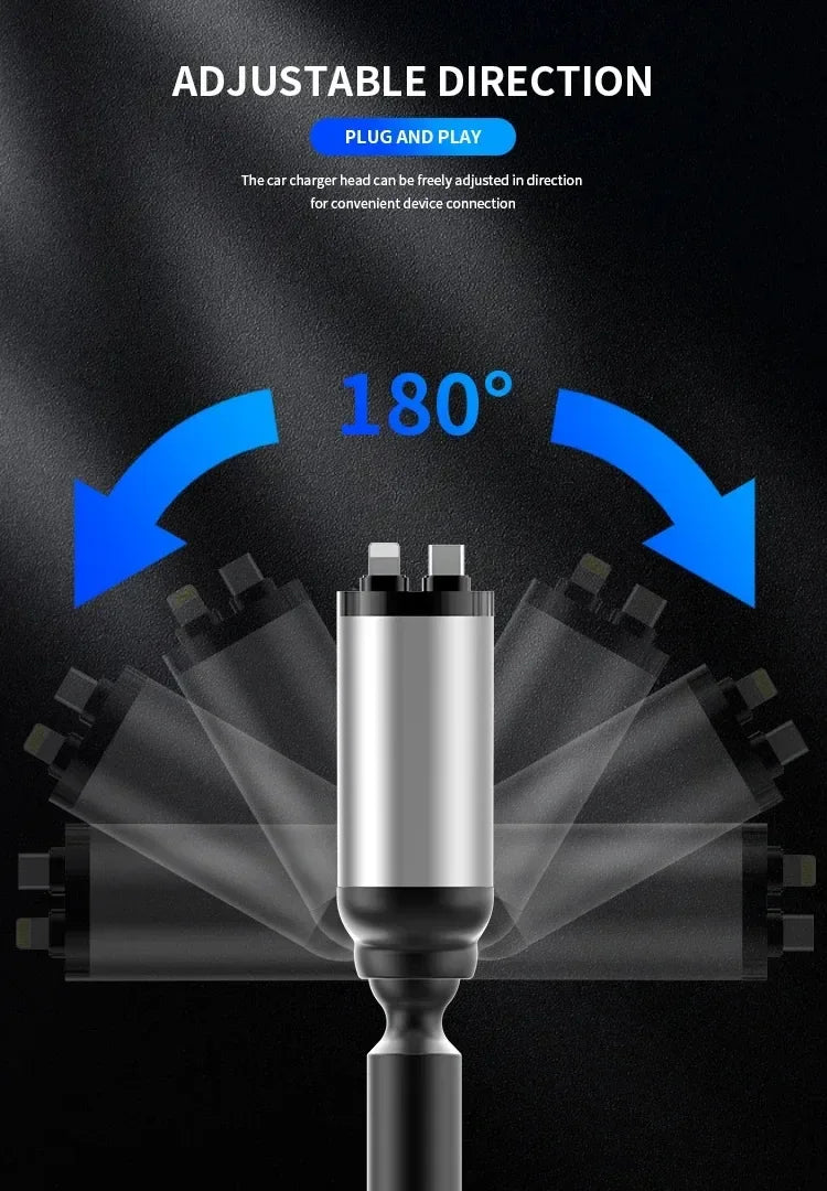 4 in 1 120W Car Charger Retractable Car Cigarette Lighter Adapter USB Type C Fast Charger Cable For IPhone Xiaomi Huawei Samsung