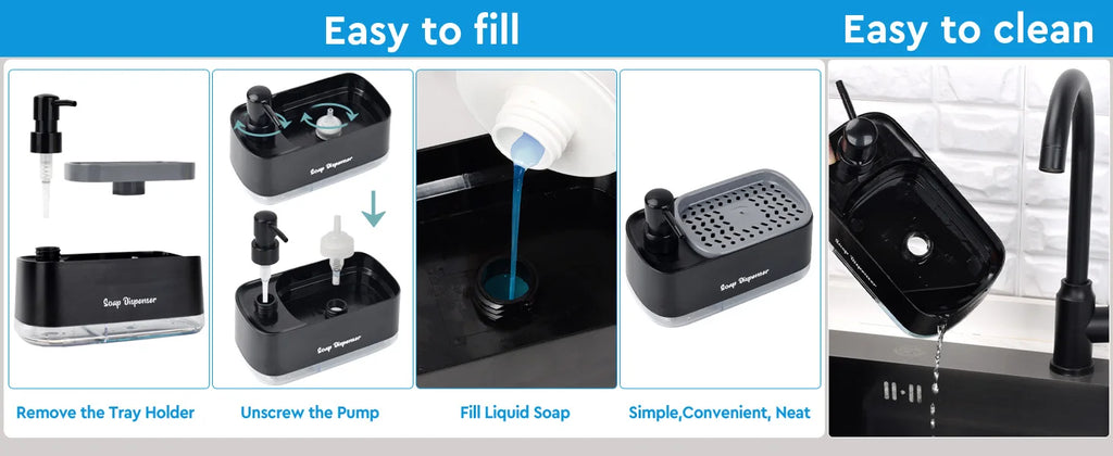 Dual Pump Soap Dispenser Set 3-in-1 Kitchen Organizer with Sponge Storage Box for Sink and Countertop Compact Cleaning Solution