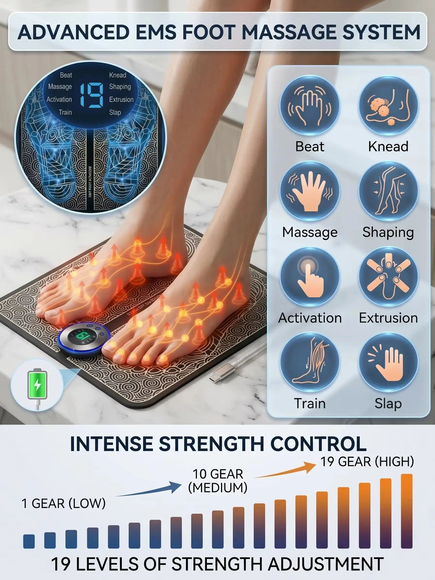 EMS Foot Massager Pad Relief Pain Relax Feet Acupoints Massage Electric Muscle Stimulation Improve Blood Circulation Relax Feet