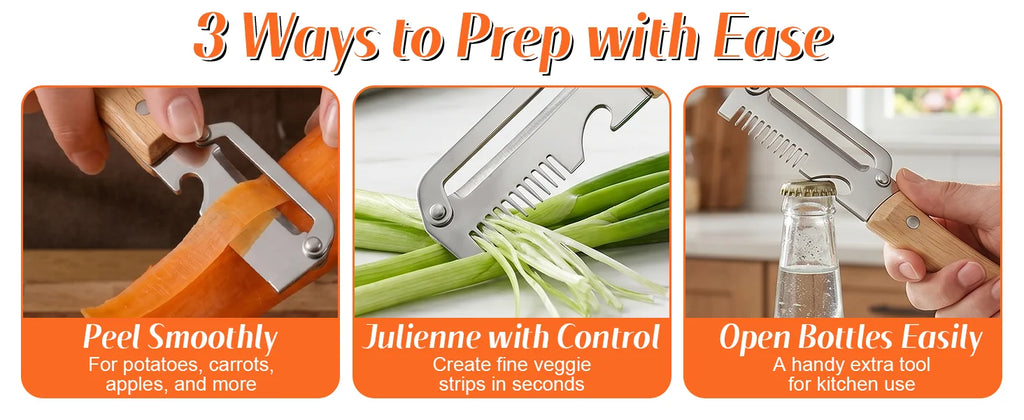 Multi Functional Vegetable Peeler Stainless Steel With Wooden Handle Fruit Potato Slicer Bottle Opener Kitchen Peeling Tools
