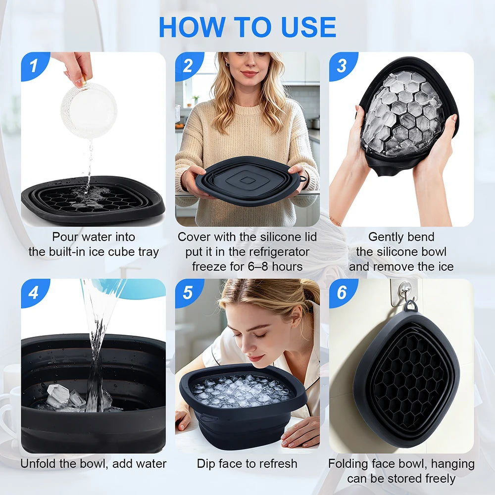 Collapsible Silicone Face Ice Bath Bowl Built in Ice Tray Cold Cryo Portable Travel Facial Facial Puffiness Skin Care Tool