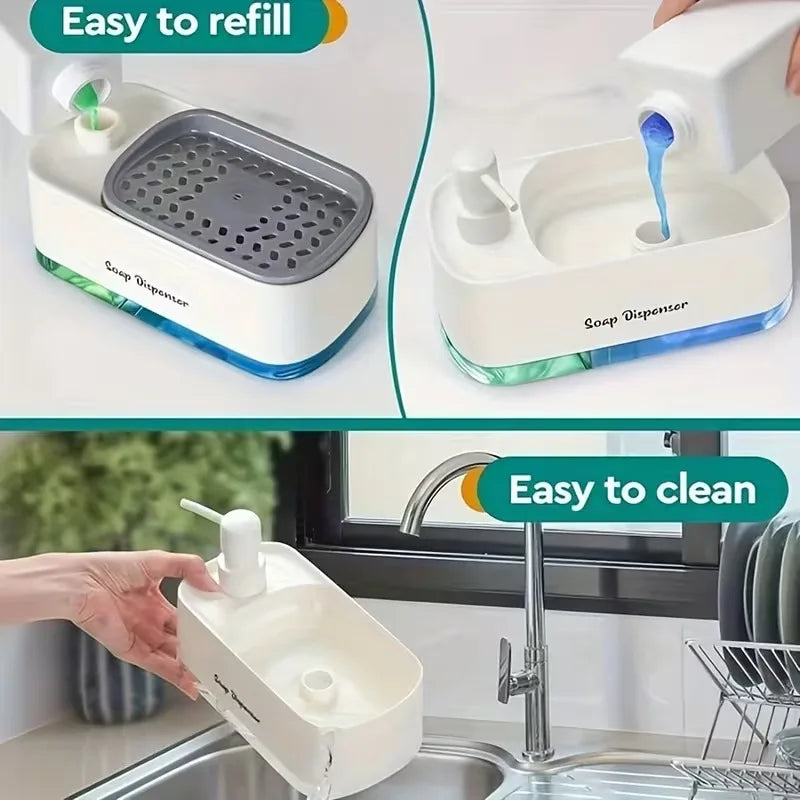 Dual Pump Soap Dispenser Set 3-in-1 Kitchen Organizer with Sponge Storage Box for Sink and Countertop Compact Cleaning Solution