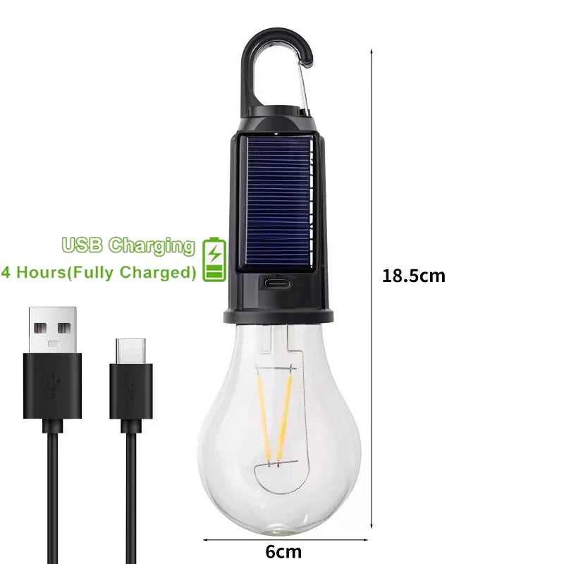 Solar Rechargeable Hooked Camping Lantern Waterproof Hanging Tent Light Bulbs with 3 Modes, Portable For Outdoor Hiking, Fishing