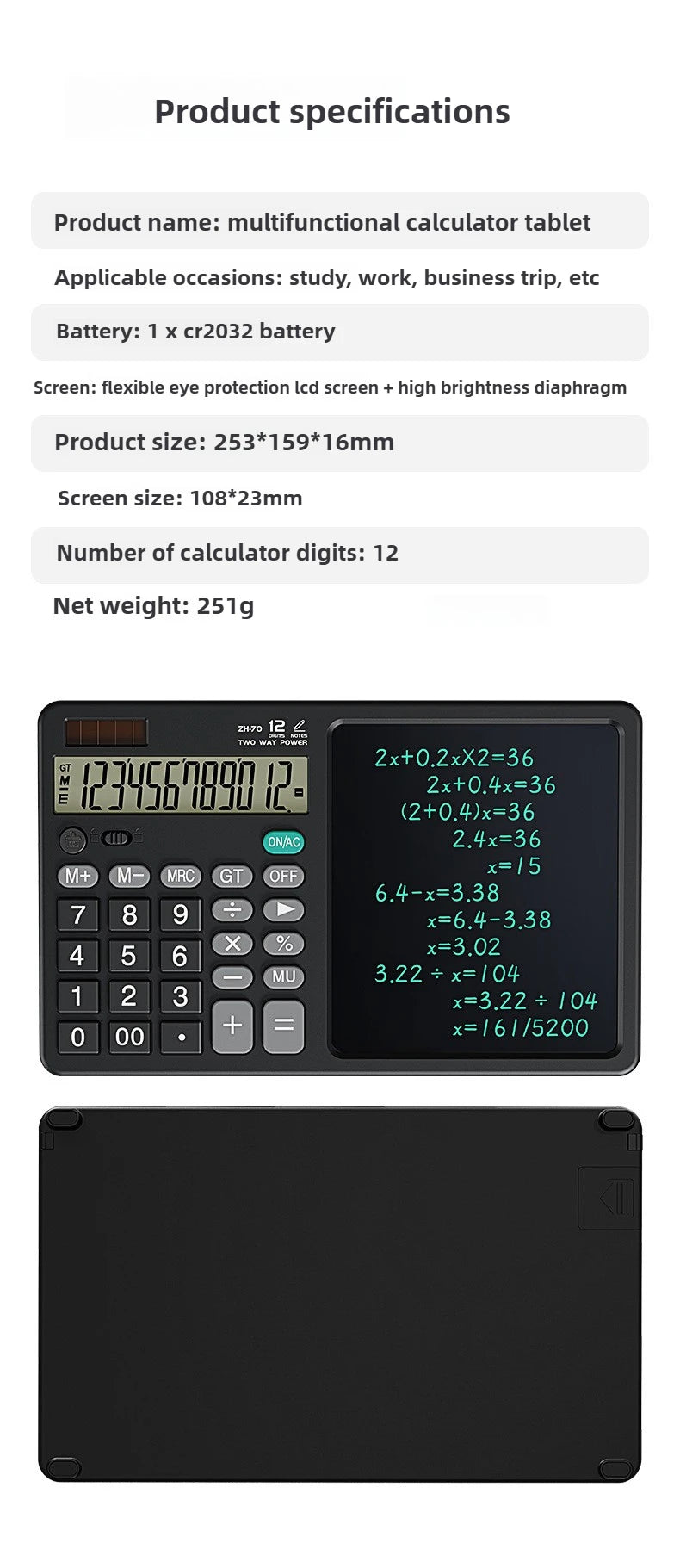 Solar Foldable Scientific Calculator with Writing and Drawing Tablet, LCD Large Screen Calculator