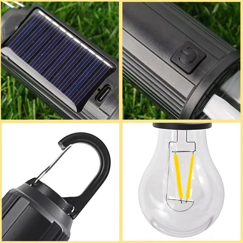 Solar Rechargeable Hooked Camping Lantern Waterproof Hanging Tent Light Bulbs with 3 Modes, Portable For Outdoor Hiking, Fishing