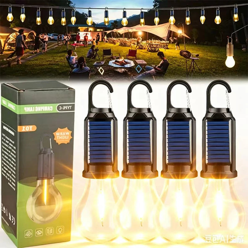 Solar Rechargeable Hooked Camping Lantern Waterproof Hanging Tent Light Bulbs with 3 Modes, Portable For Outdoor Hiking, Fishing