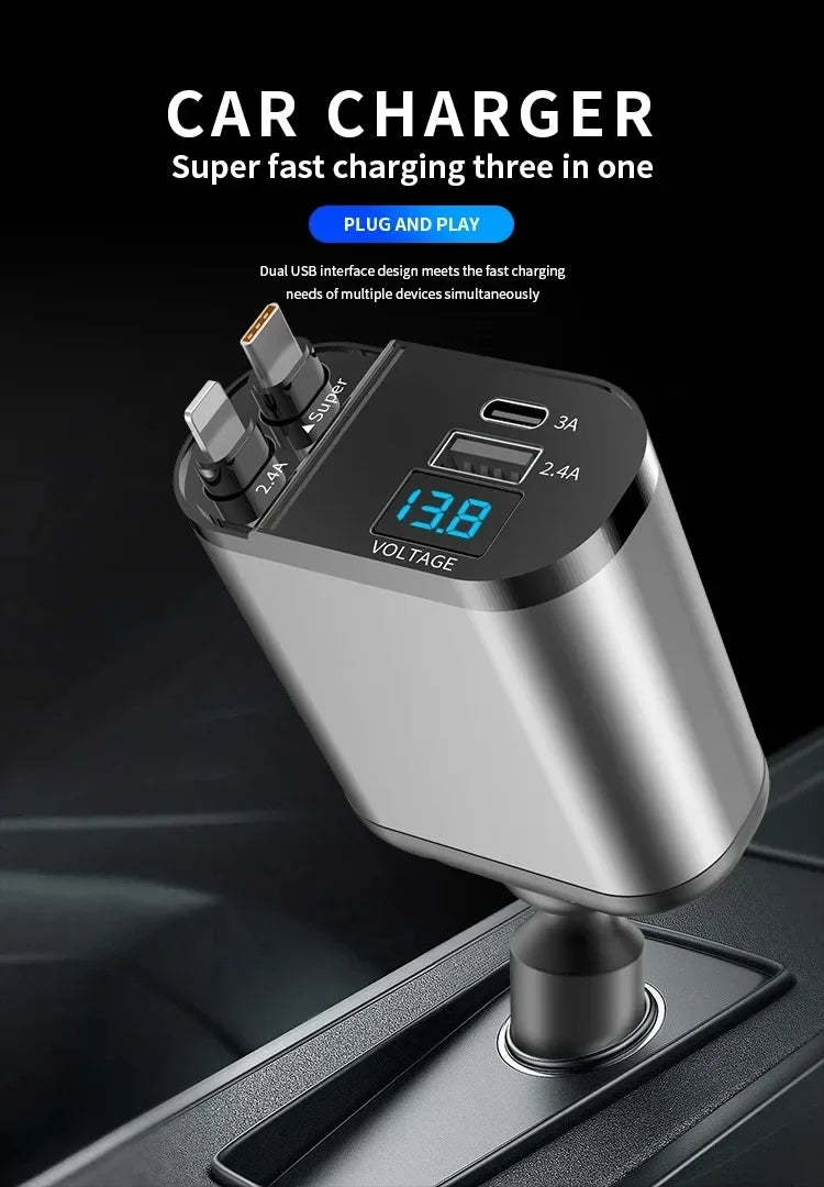4 in 1 120W Car Charger Retractable Car Cigarette Lighter Adapter USB Type C Fast Charger Cable For IPhone Xiaomi Huawei Samsung