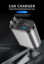 4 in 1 120W Car Charger Retractable Car Cigarette Lighter Adapter USB Type C Fast Charger Cable For IPhone Xiaomi Huawei Samsung