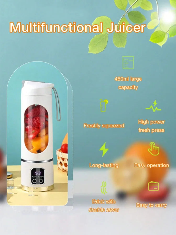 Portable USB Rechargeable Mini Blender & Juicer with Digital Display & 12-Blade System - Suitable for Travel, 3 Modes, USB- Oper