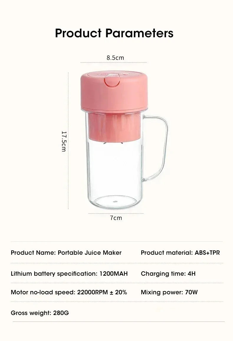 Portable USB Rechargeable Mini Blender Juicer Cup with Straw Cordless Juice Maker for Fruit Smoothies Home Outdoor Gym