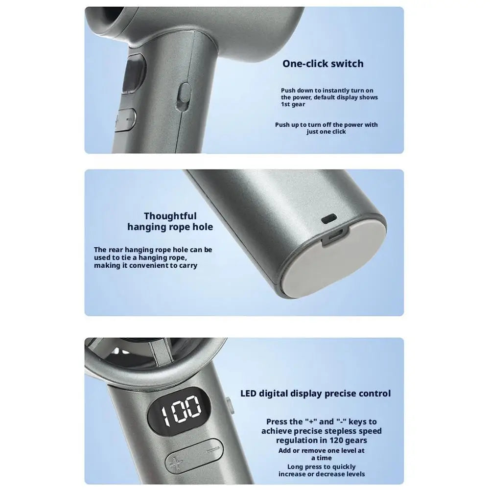 Portable Handheld Fan with 120 Wind Speeds USB Rechargeable Bladeless High-Speed Electric Cooling Fan for Personal Use