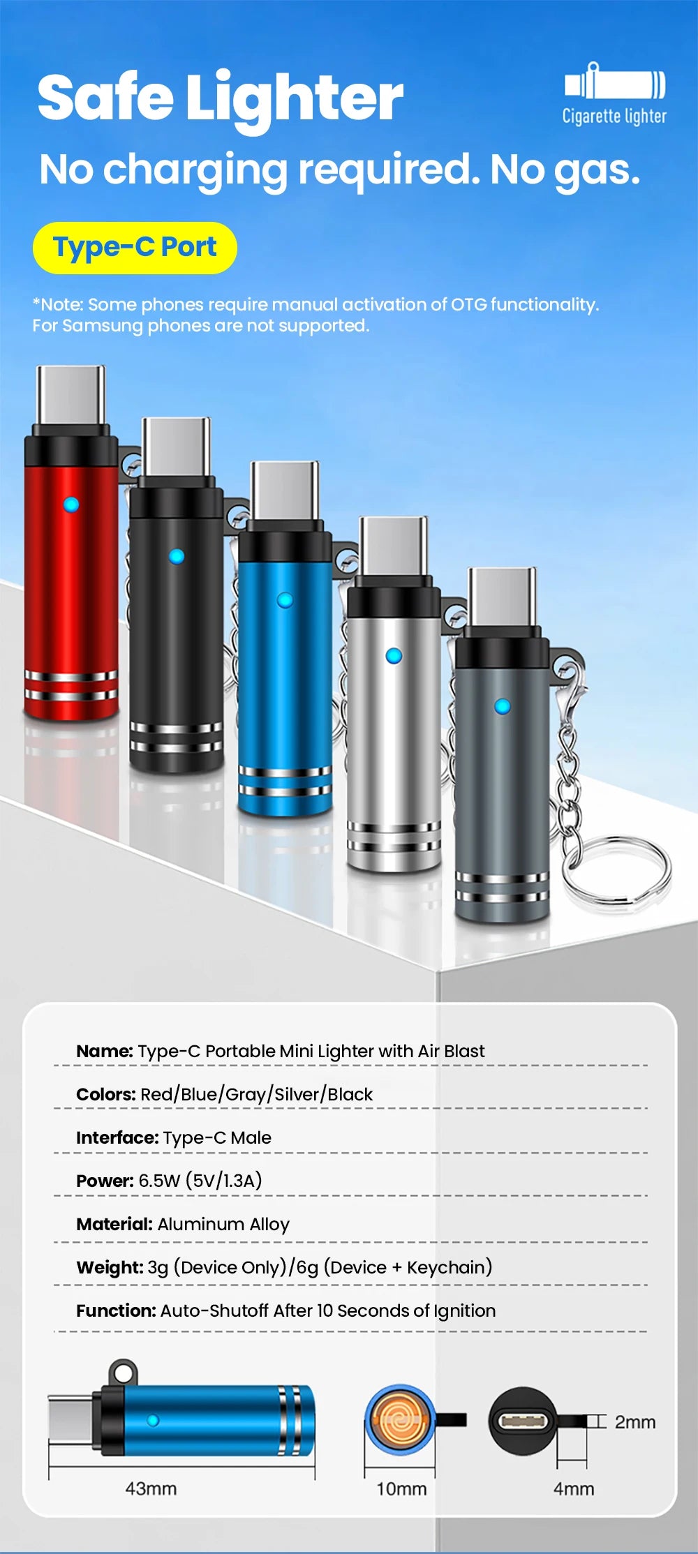 Type-C Mobile Cigarette Lighter Adapter Air Blowing Cigarette Lighter Outdoor Safety Portable Mini Cigarette Lighting Artifact