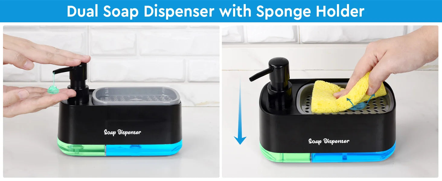 Dual Pump Soap Dispenser Set 3-in-1 Kitchen Organizer with Sponge Storage Box for Sink and Countertop Compact Cleaning Solution