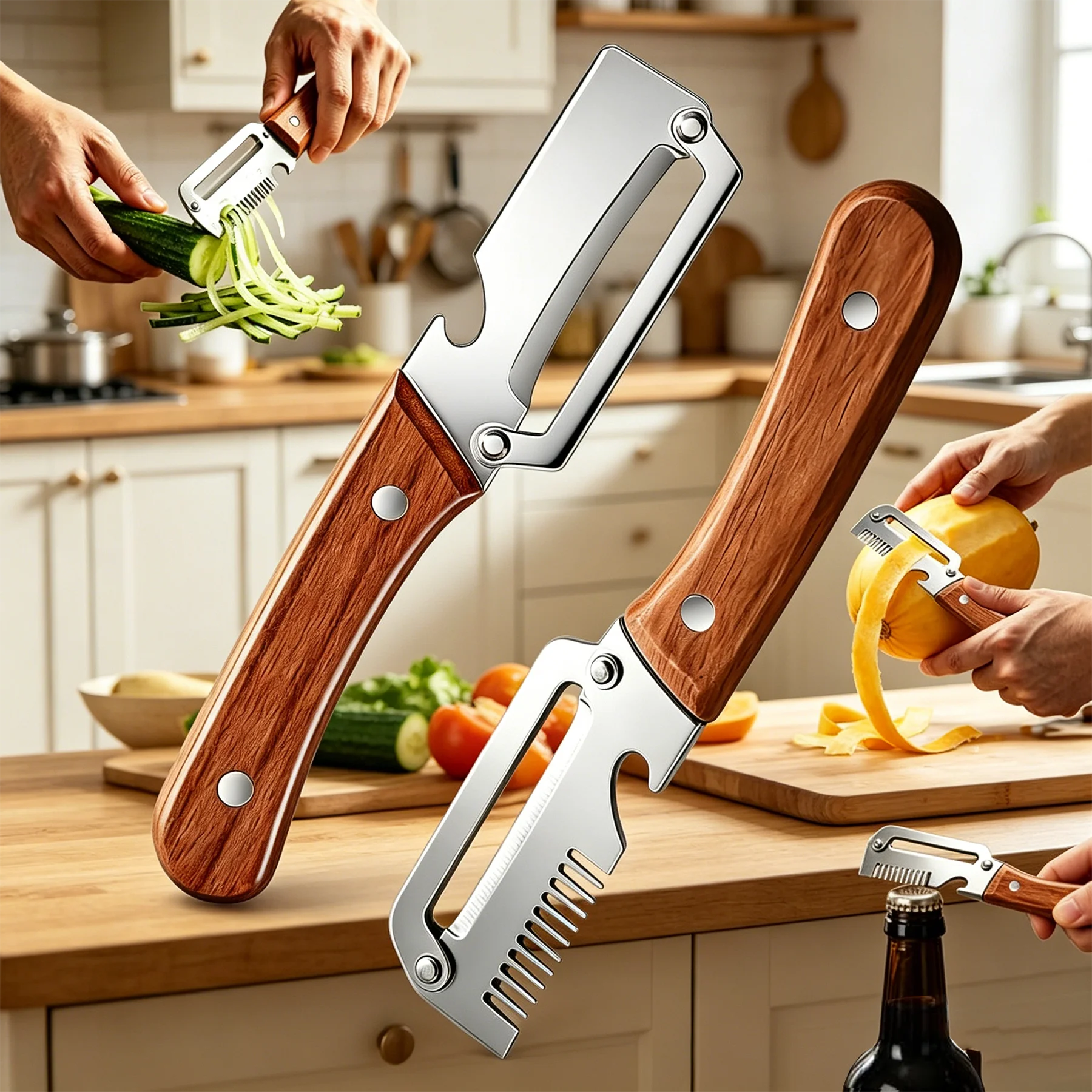 Multi Functional Vegetable Peeler Stainless Steel With Wooden Handle Fruit Potato Slicer Bottle Opener Kitchen Peeling Tools