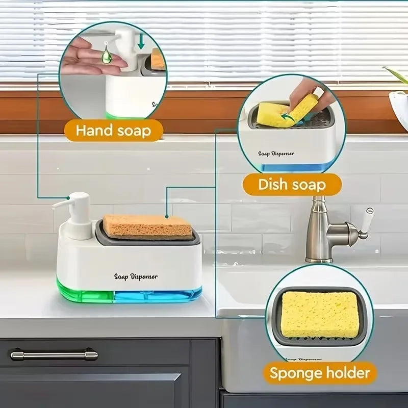 Dual Pump Soap Dispenser Set 3-in-1 Kitchen Organizer with Sponge Storage Box for Sink and Countertop Compact Cleaning Solution