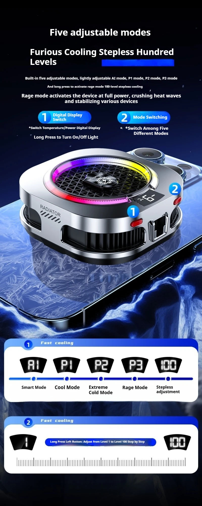 Magnetic Back Clip Dual-use Mobile Phone Radiator Digital Display Temperature Control AI Intelligent Gear Semiconductor Cooling