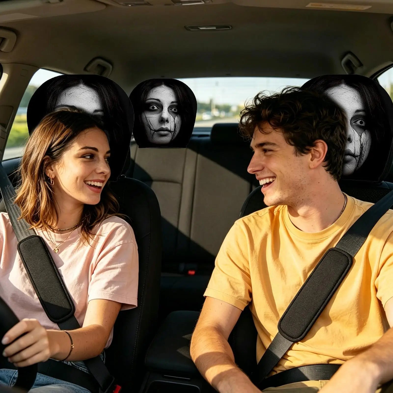 2PCS Car Horror Eyeless Monster Printed Headrest Cover Universal Elastic Funny Seat Head Case Halloween Party Decoration