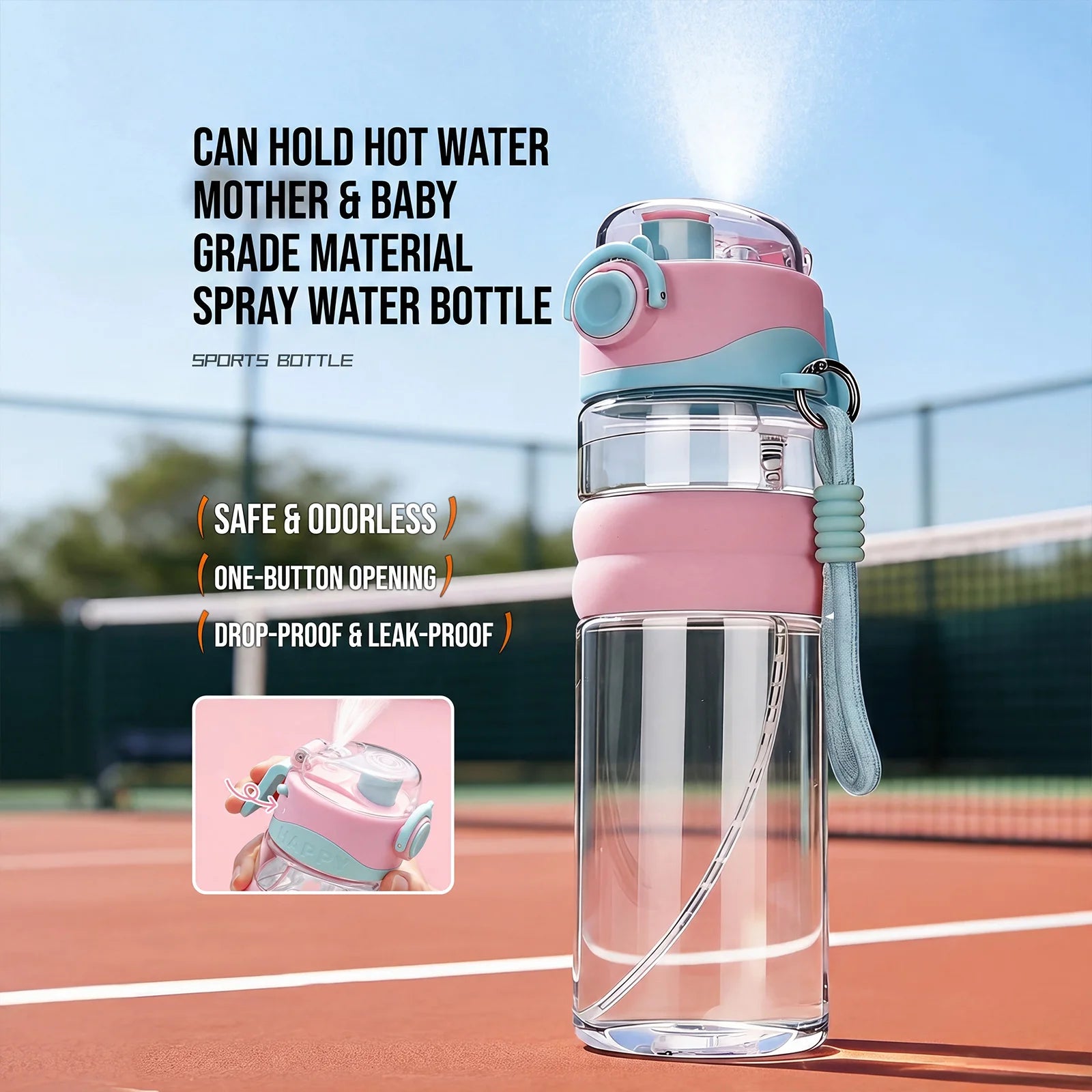 Water Bottle 750ML Spray Sports Water Bottle with Straw Direct Drinking Dual-Use Plastic Water Bottles for Outdoor Sporting