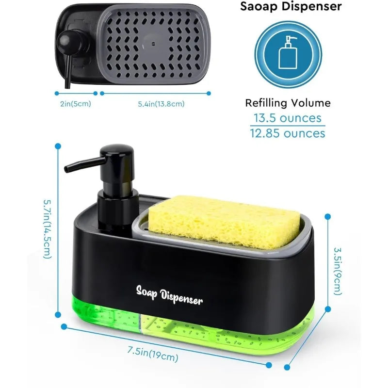 Dual Pump Soap Dispenser Set 3-in-1 Kitchen Organizer with Sponge Storage Box for Sink and Countertop Compact Cleaning Solution