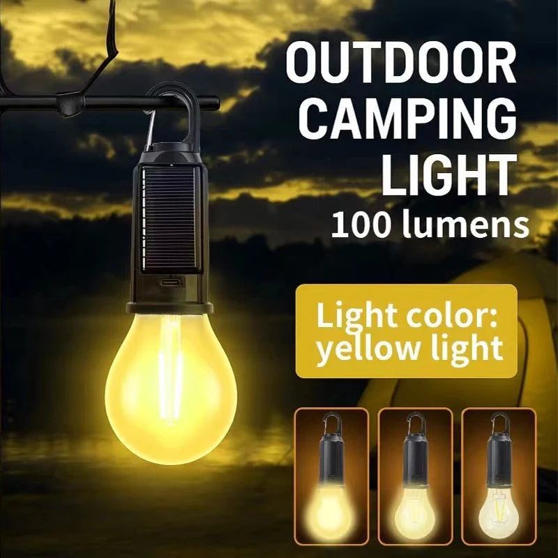 Solar Rechargeable Hooked Camping Lantern Waterproof Hanging Tent Light Bulbs with 3 Modes, Portable For Outdoor Hiking, Fishing
