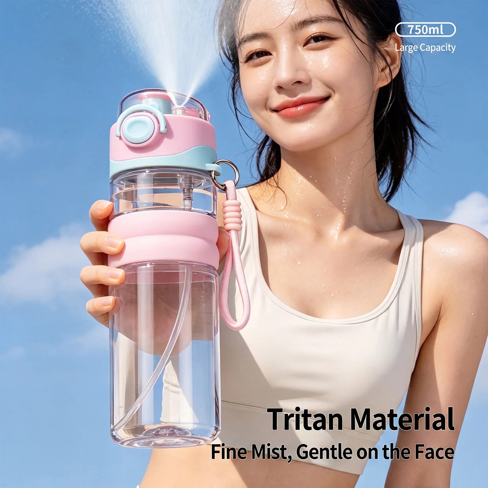 Water Bottle 750ML Spray Sports Water Bottle with Straw Direct Drinking Dual-Use Plastic Water Bottles for Outdoor Sporting