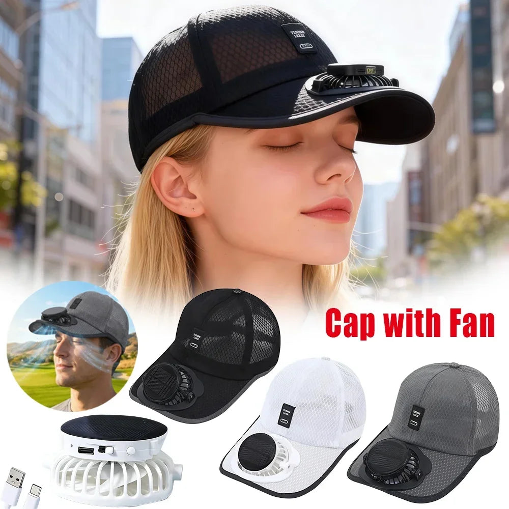 Solar Baseball Cap with Fan, Sun Protection USB Charging Fan Mesh Hat for Summer Outdoor Travel Fishing Camping Beach Golf