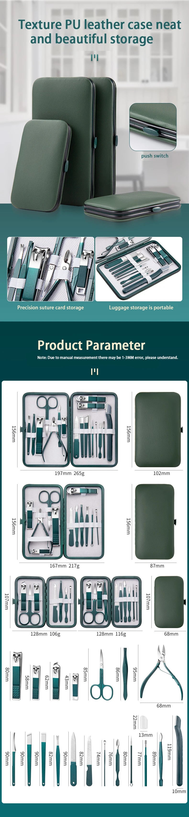 Green 6-18 Pcs Manicure Set With Leather Case Professional Foot And Face Care Tool Kits Stainless Steel Nail Clipper Sets Gift